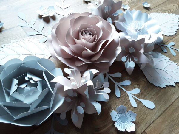 Glistening Bloom: Elegant Flower Set in Pale Grey, White, and Rose Gold